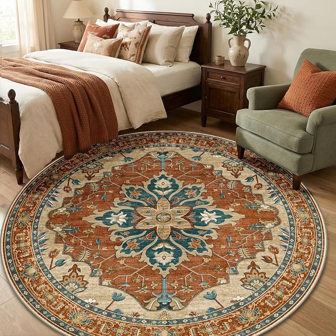 RELEANY Area Rugs Round 6ft Washable Non-Slip, Floral Vintage Distress Medallion Carpet for Living Room Bedroom Dining Room, Red Orange Blue Brown