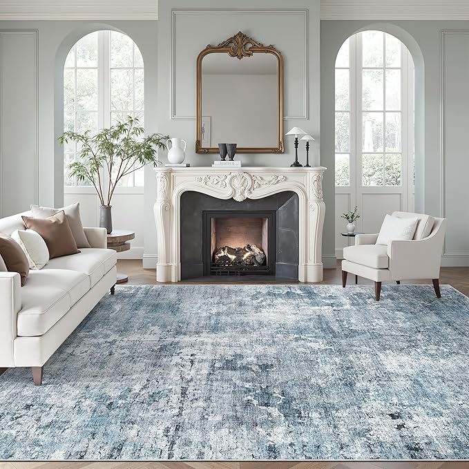 Soalmost Abstract Rug 8x10 Large Living Room Area Rugs Washable Blue/Grey | Modern Non-Slip Carpet for Dining Bedroom, Stain Resistant Foldable Thin Low Pile Floor Mat Under Table Home Office Decor