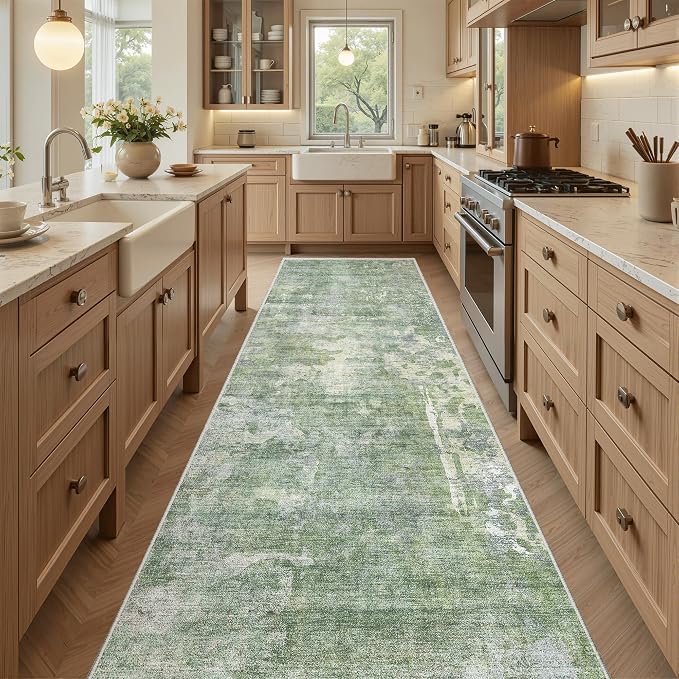 Soalmost Runner Rug 2'6"x8' Kitchen Hallway Runners Abstract Green/Ivory | Washable Non-Slip 2.5x8ft Carpet Entryway Bathroom, Low Pile Vintage Foldable Floor Mat for Corridor Laundry Room Bedroom