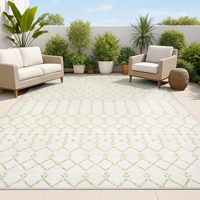 JONATHAN Y Moroccan Geometric Indoor Outdoor Area Rug 3X5 Cream/Green, Ourika Textured Weave for Backyard, Patio, Porch, Easy-Cleaning, High Traffic, Pet-Friendly, Non-Shedding (SMB108M-3)