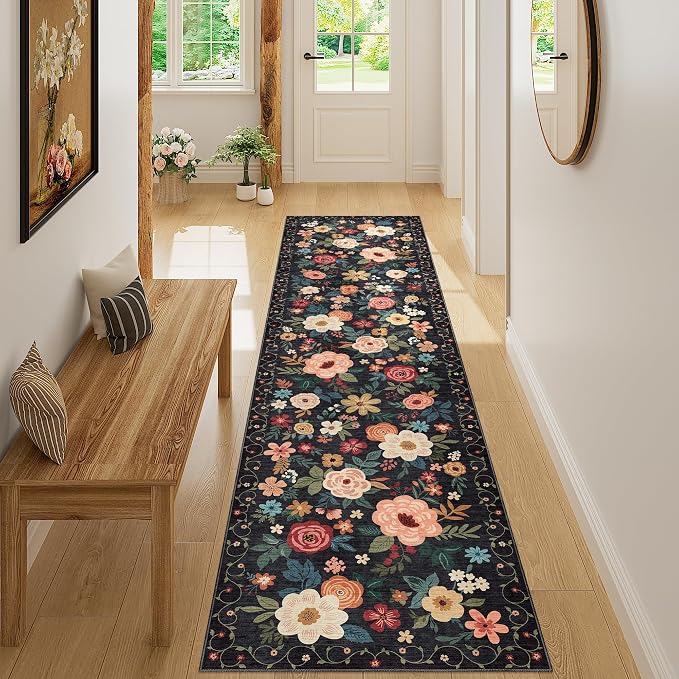 DUKINO 2x8 Runner Rug, Floral Washable Kitchen Runner Rug Non Slip, Black | Low Pile, Soft Indoor Rug for Hallway, Entryway, Bedroom, Bathroom, Pet Friendly, Stain Resistant, Modern Home Decor