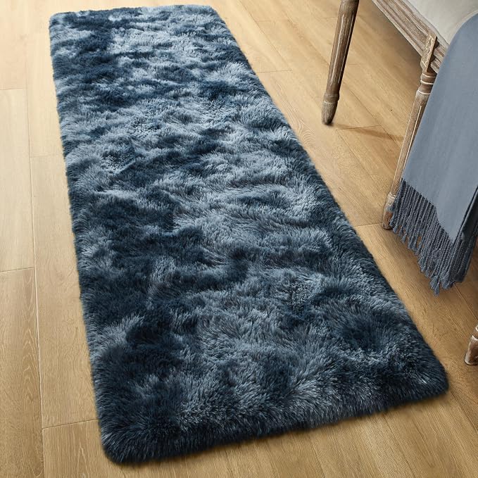 Tepook Soft Runner Rugs for Bedroom Living Room, Fluffy Plush Rug 2x6 for Kids Girls Room, Shag Furry Area Rug Non Slip Carpet for Nursery Children Dorm Home Decor, Tie-dye Dark Blue