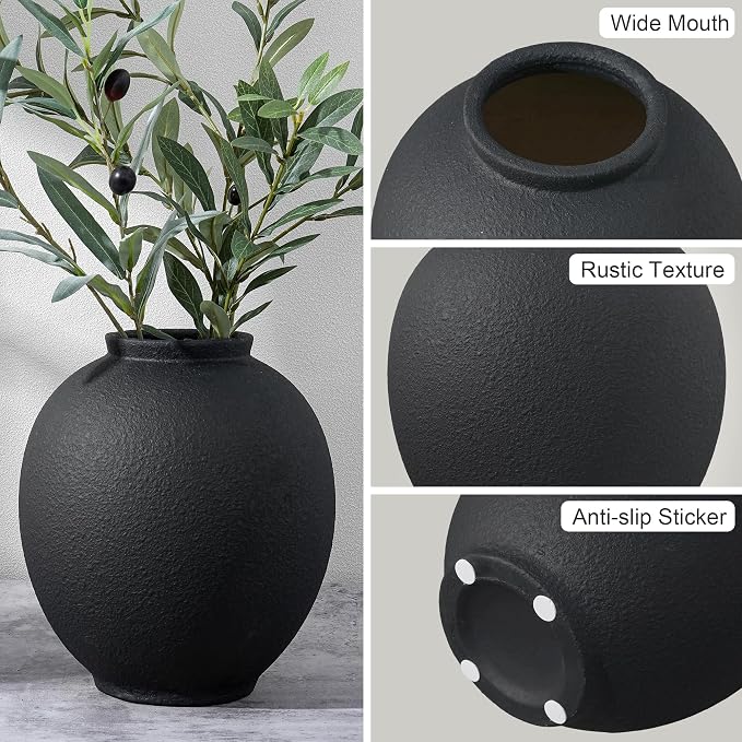 Starttag Large Black Ceramic Vase, 9.8 inch Rustic Farmhouse Flowers Vase for Home Decor, Sandstone Texture Round Pottery Tall Vase Indoor for Table Living Room Decor