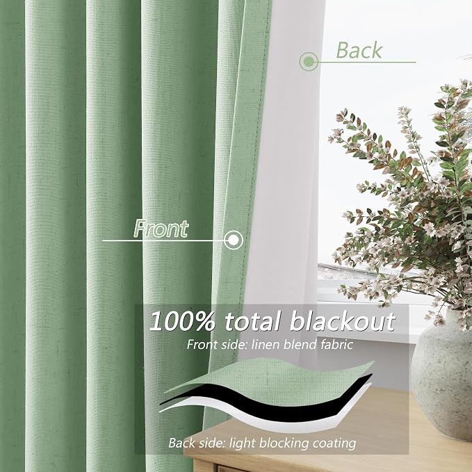 Guken 100% Blackout Curtains 102 Inch Length 2 Panels Set for Living Room Bedroom Back Tab Thermal Insulated Black Out Linen Drapes Room Darkening Window Curtains Aqua Green 52x102