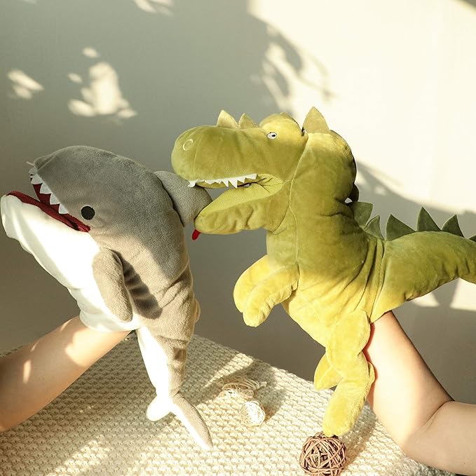 Hopearl Plush Dinosaur Hand Puppet T-Rex Puppet with Open Movable Mouth for Imaginative Play, Role Play, Interactive Toy for Storytelling Teaching Puppet Theater, Birthday Gift for Kids, Green, 13''