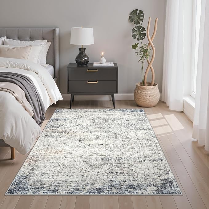 Soalmost 3x5 Rugs, Small Washable Kitchen Entryway Area Rug Blue/Ivory | Vintage Low Pile Carpet for Nursery Coffee Table Bathroom, Foldable Stain Resistant Indoor Door Mat Entrance Powder Room
