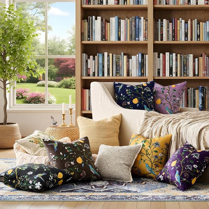 MUSSEL Purple Velvet Floral Decorative 20x20 Pillow Covers Set of 2 | Durable Sturdy,Botanical Printed Pattern,Throw Pillows Case,Square,Colorful Mid Century Cushion Covers,Sofa Couch Decor