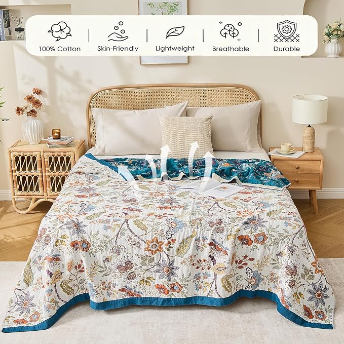 VANJOROY Boho Throw Blanket, 100% Organic Cotton Breathable Skin-Friendly Ultra Soft Bed Quilt Throw - All Season Floral Farmhouse Décor Luxury Blanket for Sofa Couch Chair and Gift. 50" x 60"
