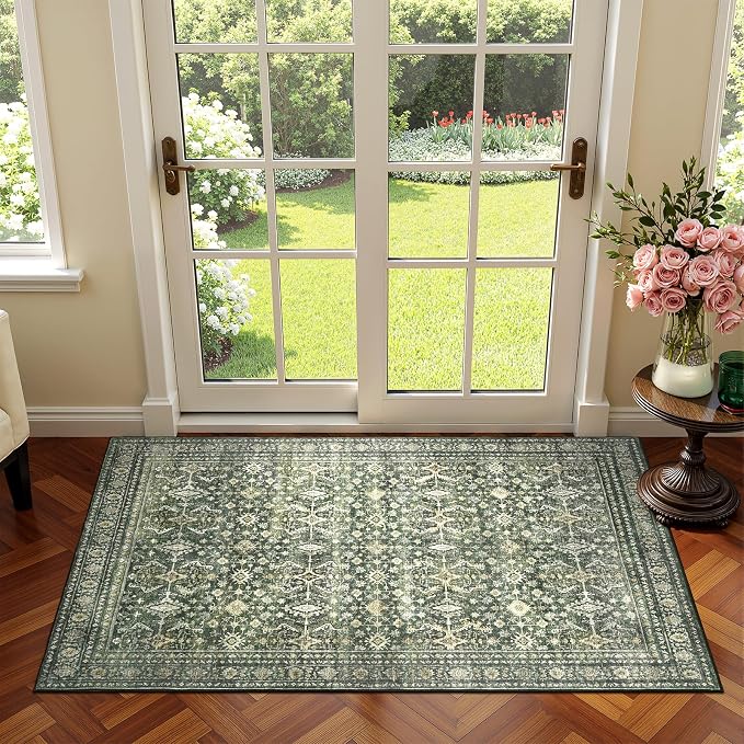2x3 Area Rugs for Entryway Bathroom, Green Washable Kitchen Mats for Floor | Soft Door Mat Indoor Entrance, Farmhouse Carpet for Entry Living Room Bedroom, Stain Resistant, Low Pile, Vintage Rug