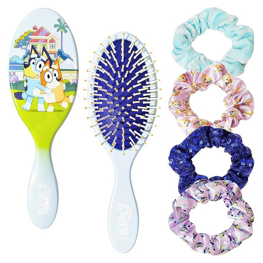Bluey Hair Accessory 5 Pcs Set - 1 Regular 9 inch Bluey HairBrush For Girls + 4 Bluey Scrunchies For Kids - Accessories For Girls - Detangling Brush - Elastic Hair Ties Ropes Scrunchies Ages 3+