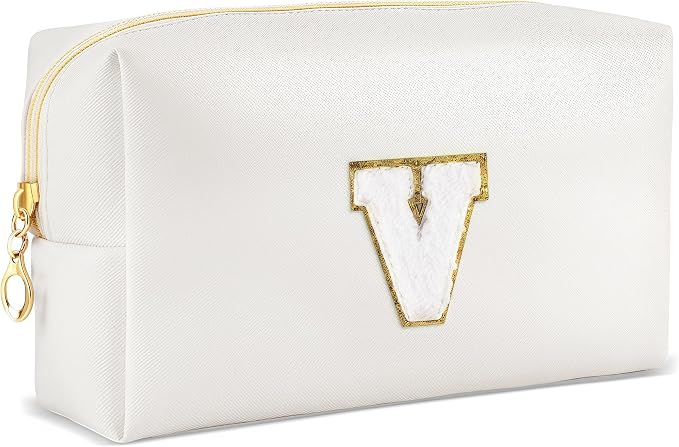 URSKYTOUS Gifts for Girls Initial Makeup Bag Personalized Cosmetic Bag with Zipper Cute Travel Toiletry Bags Waterproof PU Preppy Makeup Pouch Birthday Gift for Teen Girls Women(White V)