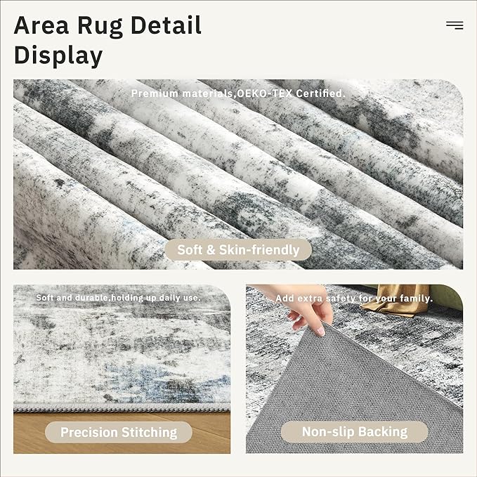 Soalmost Abstract Area Rug 6x9 for Living Room Washable Rugs Gray/Blue | Non-Slip Low-Pile Carpet for Dining Bedroom, Foldable Thin Vintage Stain Resistant Floor Mat Under Table Home Office Nursery