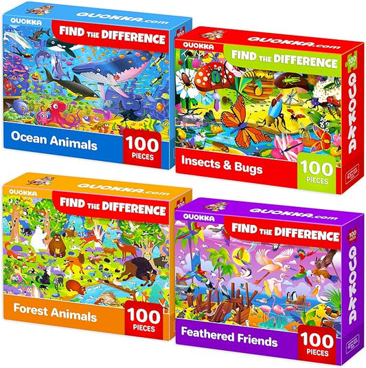 QUOKKA 100 Piece Puzzles for Kids Ages 4-6 – 4 Jigsaw Puzzles for Kids Ages 6-8 – Search and Find Game with Ocean Forest Animals for Childrens 5-8 – Learning Educational Toys for Boys and Girls 8-11