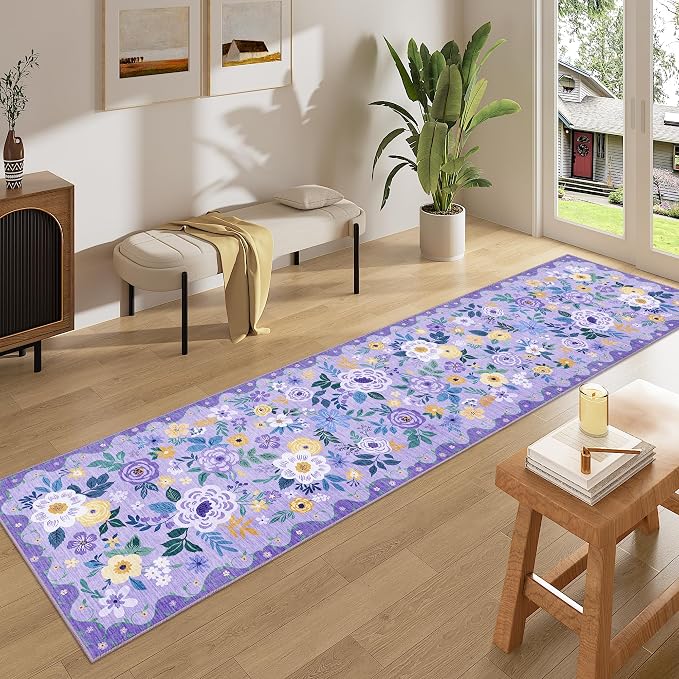 DUKINO 2x8 Runner Rug, Washable Runner Rug for Kitchen Non Slip, Purple | Low Pile, Floral, Soft Indoor Rug for Hallway, Entryway, Bedroom, Bathroom, Pet Friendly, Stain Resistant, Modern Home Decor