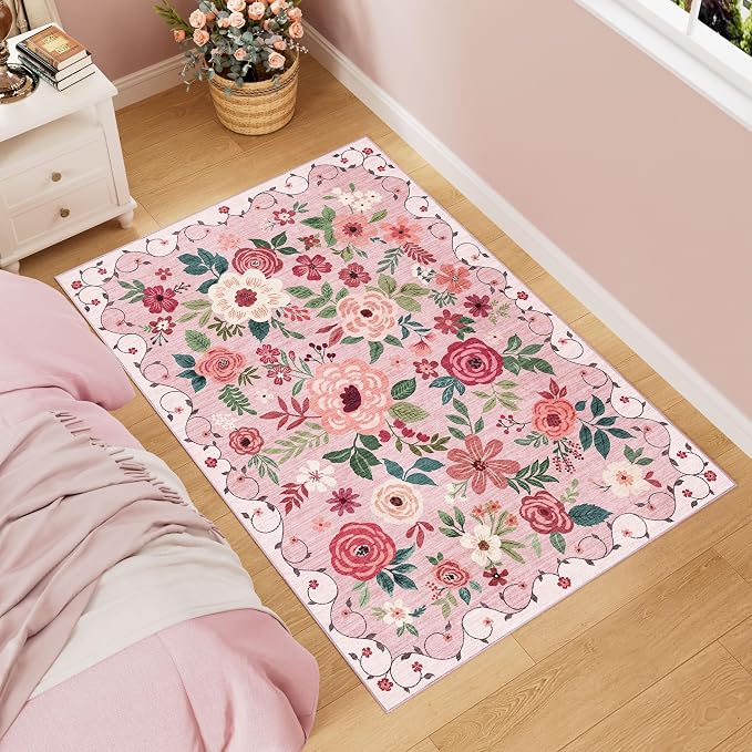 DUKINO 3x5 Area Rug, Floral Washable Rug for Bedroom Non Slip, Pink | Soft, Stain Resistant Low Pile Indoor Rug for Entryway, Bedroom, Bathroom, Living Room, Pet Friendly, Home Decor, Lightweight