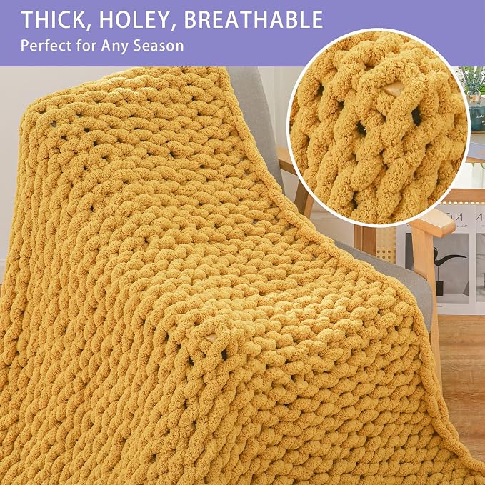 Bigacogo Chunky Knit Throw Blanket for Couch, 40x80 inches, Mustard Yellow | Hand Knit with Jumbo Chenille, Soft Breathable Cable Knit for Sofa Bed Living Room, Machine Washable, Gift for Mom Friend