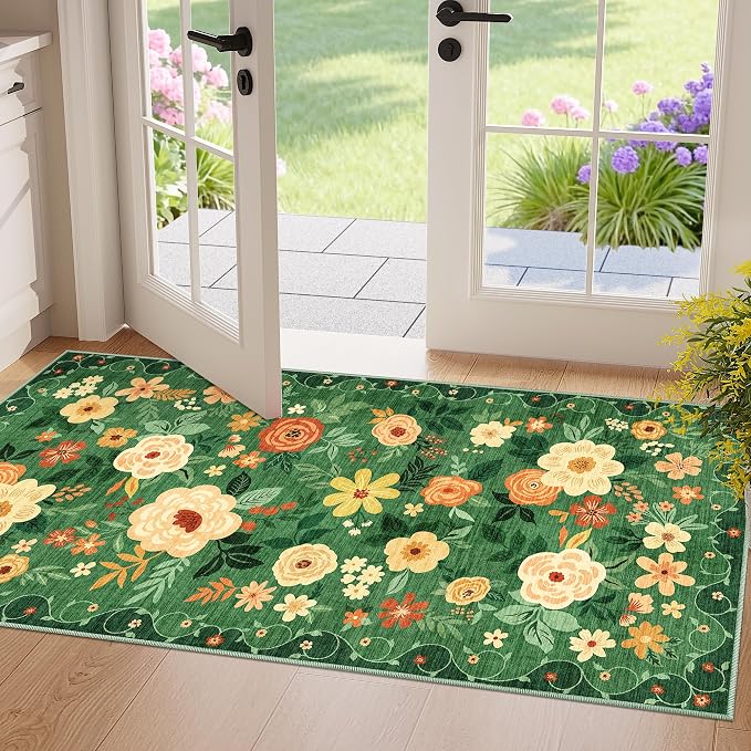 DUKINO 2x4 Entryway Rug, Floral Washable Kitchen Rugs Non Slip, Dark Green | Low Pile, Soft Indoor Runner Rug for Hallway, Bedroom, Bathroom, Laundry, Pet Friendly, Modern Home Decor, Stain Resistant