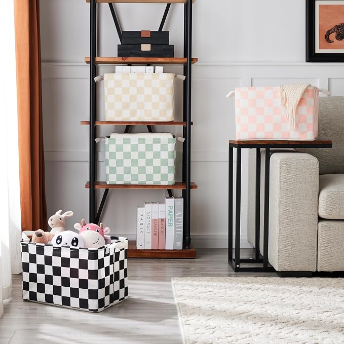 Ohocut Black White Checkered Canvas Basket, Rectangular Organizing Decorative Storage Basket for Kids Dog Toy, Cute Aesthetic Race Cars Boy Room Decor for Home, Kitchen, Bedroom, Classroom, Shelves