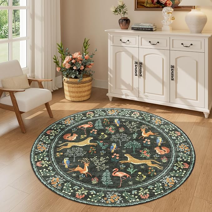 DUKINO 4ft Round Rug, Washable Animal Small Round Area Rug Non Slip, Black | Low Pile, Soft, Non-Shedding Indoor Circle Carpet for Bedroom, Entryway, Living Room, Farmhouse, Pet Friendly, Lightweight