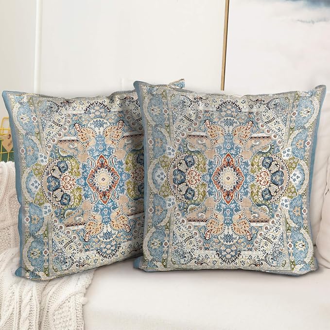 Boho Floral Throw Pillow Covers 16x16 inch Set of 2,Blue Boho Rug Geometric Floral Pattern Decor Double Sided Pattern Cushion Cover Soft Pillow Case Living Sofa Room Bed Square Pillow Cover