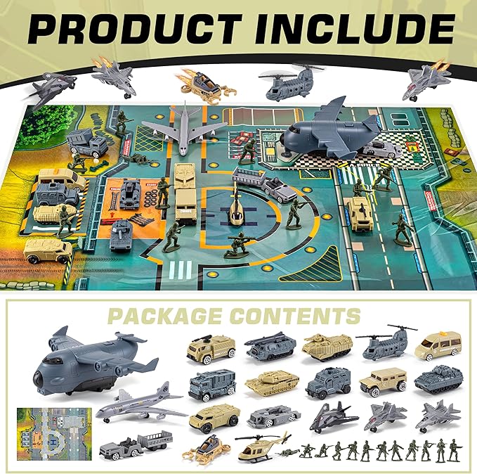 33 in 1 Military Airplane Toy with Army Men Action Figures, Army Toys Playset with Vehicles Tanks Trucks Helicopters Fighter Jets and Play Mat, Gifts for Boys Girls