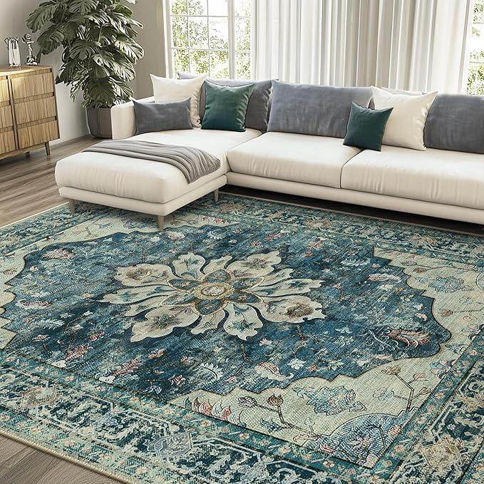 RELEANY Area Rugs 6'x9' Washable Non-Slip, Floral Vintage Distress Medallion Carpet for Living Room Bedroom Dining Room, Dark Blue Vintage