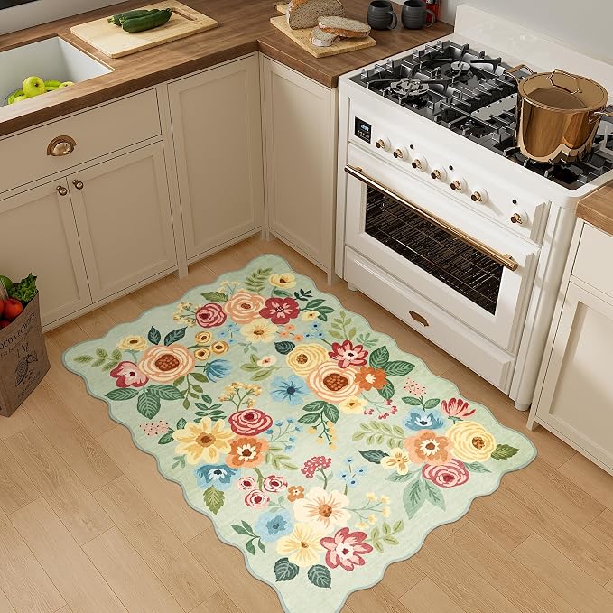 DUKINO 2x3 Rugs for Entryway, Floral Door Mat Washable Kitchen Rugs, Green | Non Slip, Low Pile, Soft Small Rugs for Entrance, Bedroom, Bathroom, Laundry, Pet Friendly, Non-Shedding, Modern Home Decor