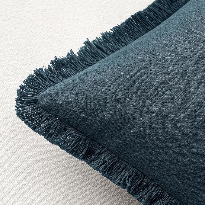 MIULEE Linen Fringe Decorative Euro Throw Pillow Covers Navy Blue 26x26 | Set of 2, Cottagecore Decor, Boho Farmhouse Coastal Pillow Covers, Rustic Couch Cushion Cases for Sofa Bed Living Room
