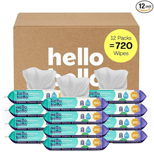 Hello Bello Premium Fragrance-Free Baby Wipes, with Chamomile & Aloe Extracts for Sensitive Skin - 12 Resealable Packs = 720 Total Wipes