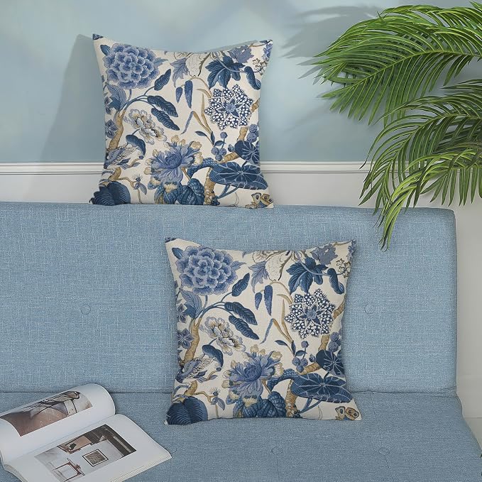 Blue Pillow Covers 20x20 Inch Set of 2 Vintage Blue Floral Throw Pillows Chinoiserie Flower Decorative Pillow Cases Outdoor Linen Farmhouse Cushion Cover for Couch Home Sofa Bed Decorations