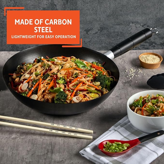 IMUSA 9.5 Inch Carbon Steel Nonstick Wok with Cool-touch Handle, Black | Cool-Touch Handle, Ideal for Stir Fry, Great for Everyday Meals