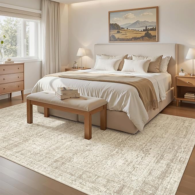 Soalmost 5x8 Area Rugs Beige Low Pile Washable Trendy Faded Style Rug | Vintage Non-Slip Indoor Accent for Bedroom Dining, Foldable Stain Resistant Floor Carpet Mat Under Table Home Office Decor