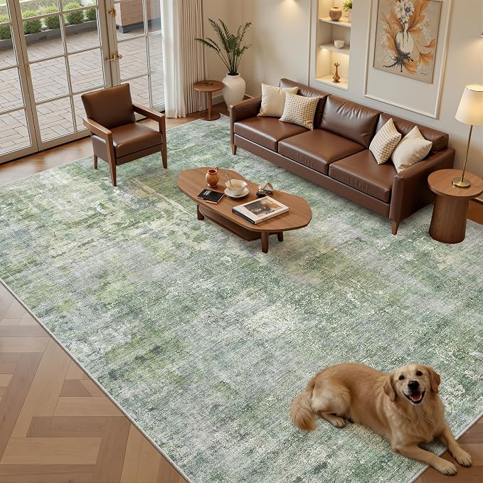 Soalmost Abstract 7x10 Area Rug for Living Room Washable Rugs Green/Ivory | Non-Slip Low-Pile Carpet for Dining Bedroom, Foldable Thin Vintage Stain Resistant Floor Mat Under Table Home Office Nursery