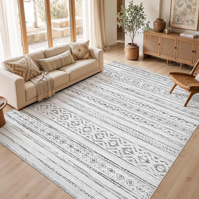 cotiled 8x10 Area Rugs Living Room Rug: Washable Boho Rugs with Non Slip Backing Large Soft Indoor Stain Resistant Carpet for Bedroom Farmhouse Dining Room Lightweight Home Decor Cream Grey