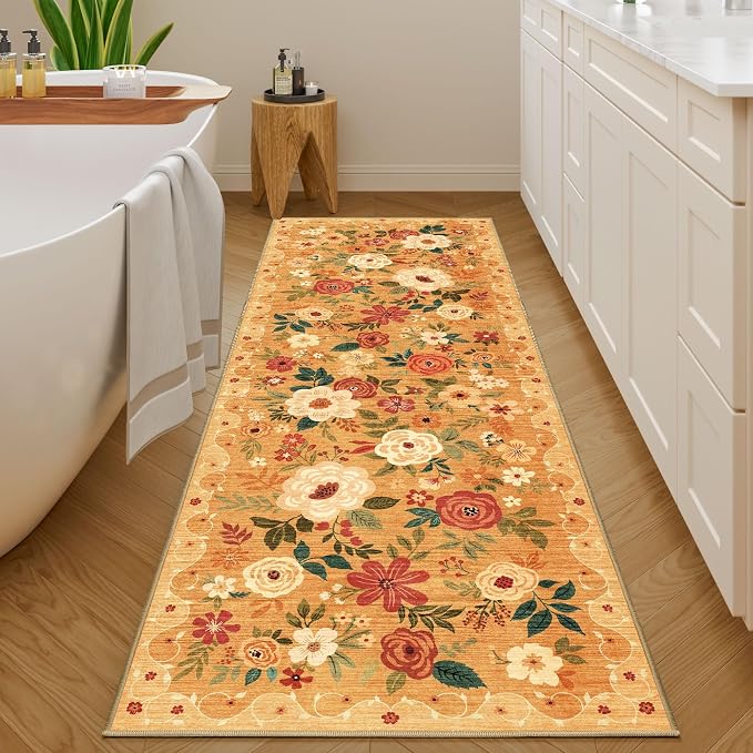 DUKINO 2x6 Runner Rug for Hallway, Washable Kitchen Rugs Non Slip, Orange | Low Pile, Soft, Floral Indoor Rug for Entryway, Bedroom, Laundry, Bathroom, Pet Friendly, Lightweight, Modern Home Decor