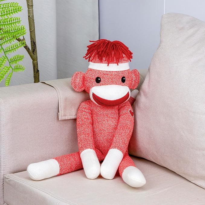 Plushland Adorable Sock Monkey, The Original Traditional Hand Knitted Stuffed Animal Toy Gift-for Kids, Babies, Teens, Girls and Boys Baby Doll Present Puppet 20 Inches (New Orange)