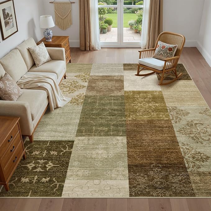 UERMEI 9x12 Area Rug for Living Room - Washable Neutral Modern Abstract Carpet, Non-Slip Soft Large Indoor Floor Rugs for Bedroom Home Office & Under Dining Table Decor, Brown/Green