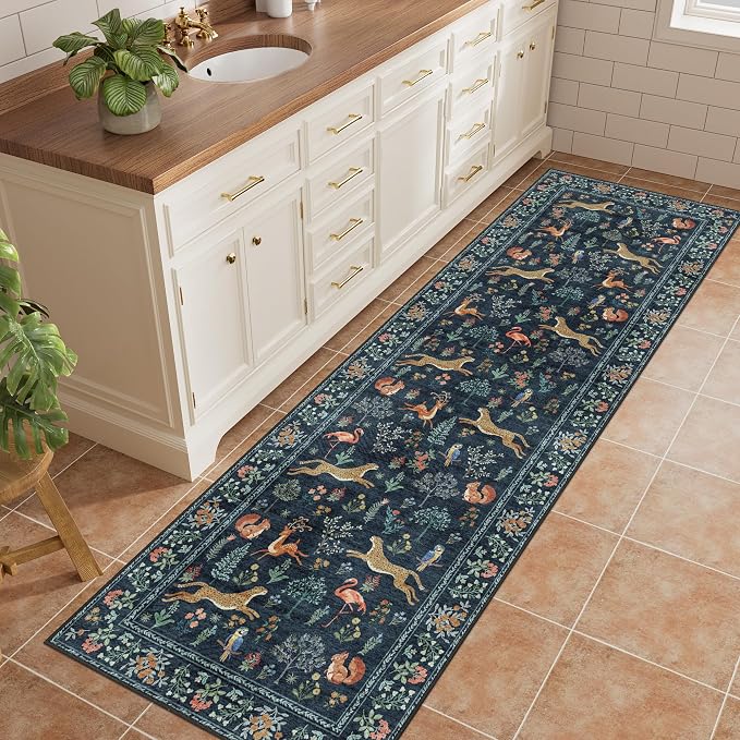 DUKINO 2.6x8 Rug for Hallway, Washable Kitchen Rugs Non Slip, Navy Blue | Low Pile, Stain Resistant, Soft Animal Indoor Carpet Runner for Entryway, Bedroom, Bathroom, Laundry, Lightweight, Home Decor