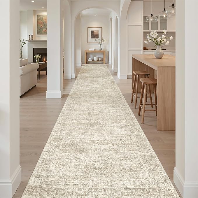 Soalmost Washable 3x18 Hallway Runner Rug Non-Slip Kitchen Entry Rugs Beige | Vintage Extra Long Runners 18ft for Bathroom Entryway, Foldable Low-Pile Wide Floor Carpet for Corridor Living Room Bedroom