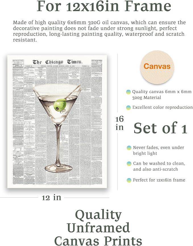EcoHest 12x16 in Martini Newspaper Canvas Art | Unframed Canvas Print, Martini Cocktail Bar Cart Decor for Living Room, Apartment, Dorm Room, Bedroom, 1Pack