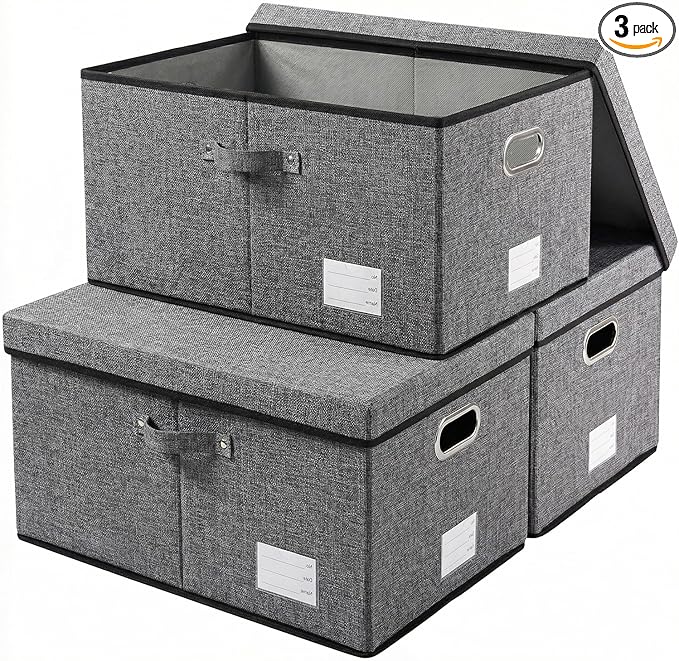 Storage Bins with Lids [3-Pack] Linen Fabric Foldable Storage Boxes Organizer Containers Baskets Cube with Cover for Bedroom Closet Office Grey(23.4X15.9X11.4)