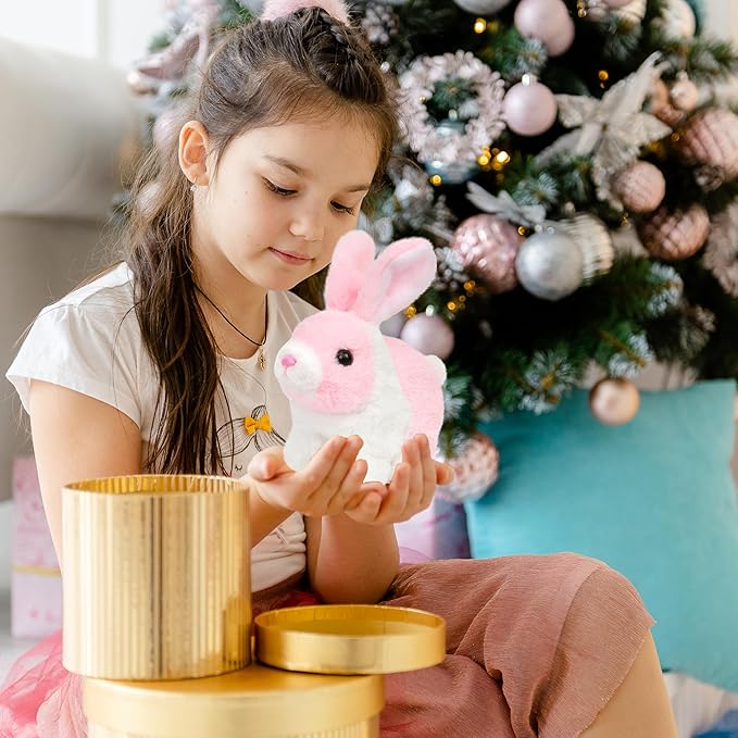 Easfan Hopping Bunny Interactive Pet Plush Bunny Toy Set with Sounds and Movements Rabbit Ears Moving Educational Plush Easter Birthday Gifts for Kids Girls, 7'',White-Pink