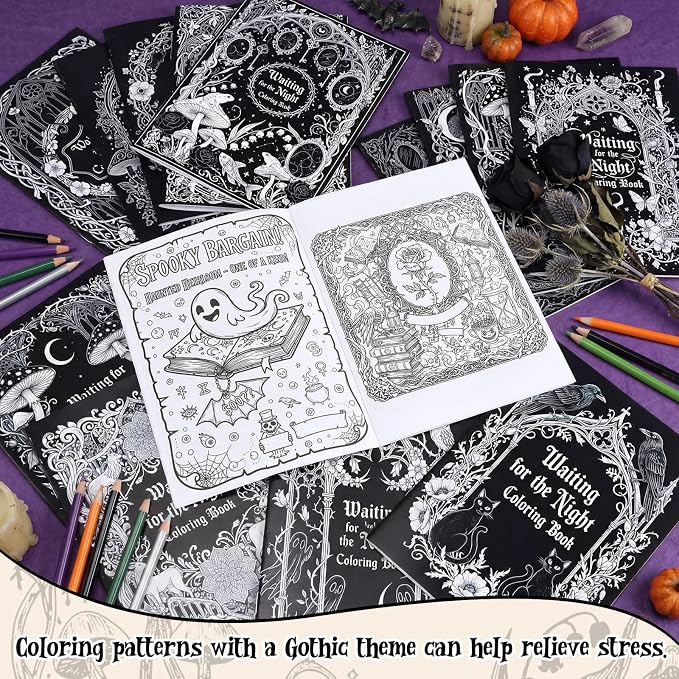 Liliful 24 Pcs Gothic Dark Romantic Coloring Book Bulk Intricate Noir Illustration Books, Ideal for Leisure Relaxation, Gothic Enthusiast Gifts & Atmospheric Creative Activities