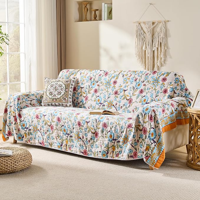 VANJOROY Boho Throw Blanket, 100% Organic Cotton Breathable Ultra Soft 91" x 108" King Bed Quilt Throw - All Season Floral Rustic Luxury Blanket for Sofa Couch Chair