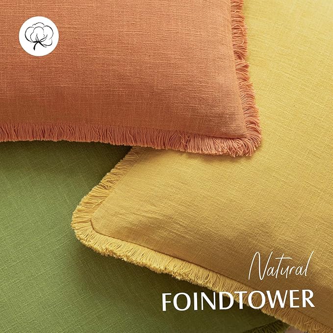 Foindtower Set of 2 Decorative Linen Fringe Throw Pillow Covers Cozy Boho Farmhouse Cushion Cover with Tassels Soft Accent Pillowcase for Couch Sofa Bed Living Room Home Decor,18×18 Inch,Dusty Orange