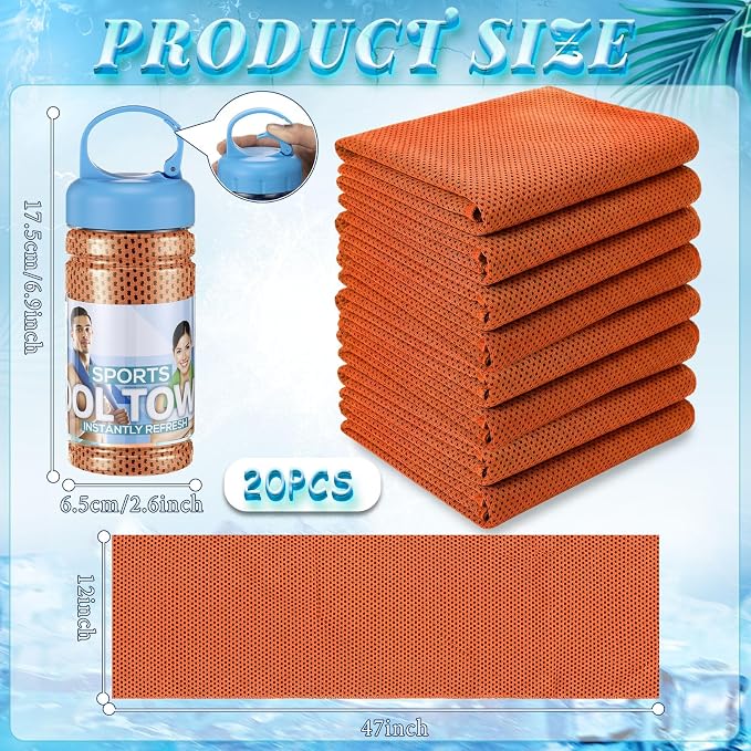 Honoson 20 Pcs Cooling Towels for Neck and Face, 47"x12" Sports Breathable Ice Towels Microfiber Chilly Sweat Rags with Portable Bottle for Gym Golf Athletes Yoga Workout Hot Weather (Orange)