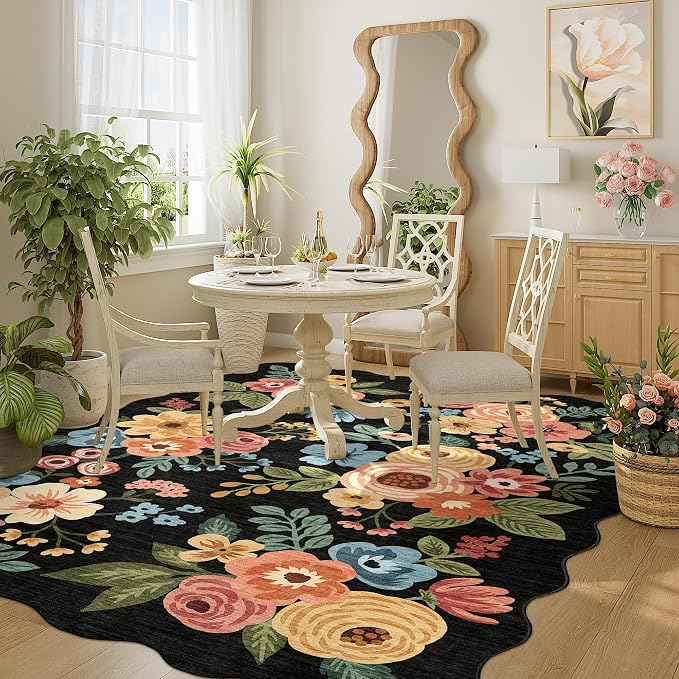 DUKINO 4x6 Area Rug, Non Slip Floral Washable Rug for Living Room, Black | Low Pile, Stain Resistant, Soft Throw Rugs for Bedroom, Office, Dining Room, Nursery, Pet Friendly, Home Decor, Lightweight