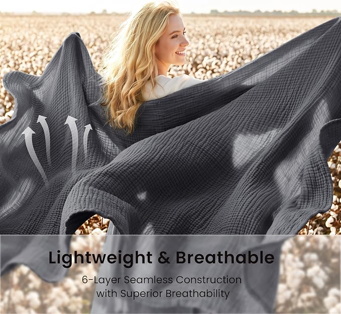 Love's cabin 100% Cotton Muslin Blanket, 6 Layer Lightweight Breathable Gauze Queen Size Blanket 90 x 90 Inches, Soft All Season Blanket for Bed, Dark Grey