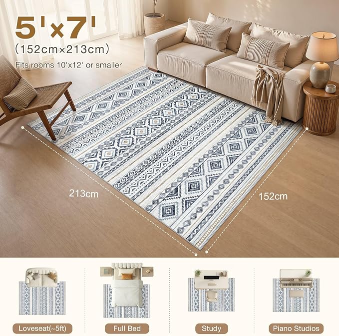 cotiled 5x7 Area Rugs Living Room Rug: Washable Boho Rugs with Non Slip Backing Large Soft Indoor Stain Resistant Carpet for Bedroom Farmhouse Dining Room Lightweight Home Decor Blue