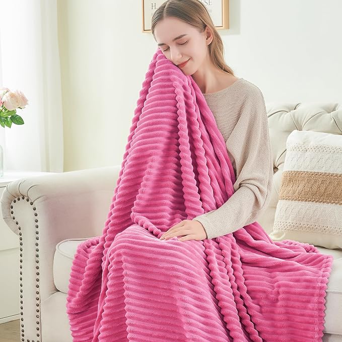BEDELITE Ribbed Jacquard Hot Pink Blankets Queen Size for Bed, 90x90 Inch | Soft Warm Decorative Fluffy Blanket, Cozy Fuzzy Lightweight Plush Fleece Throw Blankets for Bed, Room Decor, Gift for Women